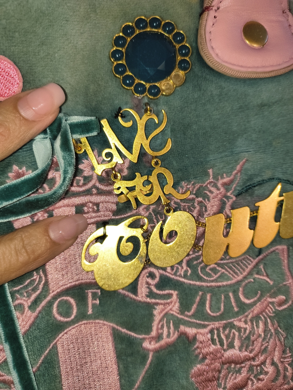 Juicy Couture Green Velvet Tote with Pink Leather Handles and Embroidered Crest - Picture 10 of 12
